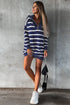 Striped O-Ring Zip Front Collared Drop Shoulder Long Sleeve Sweater Dress